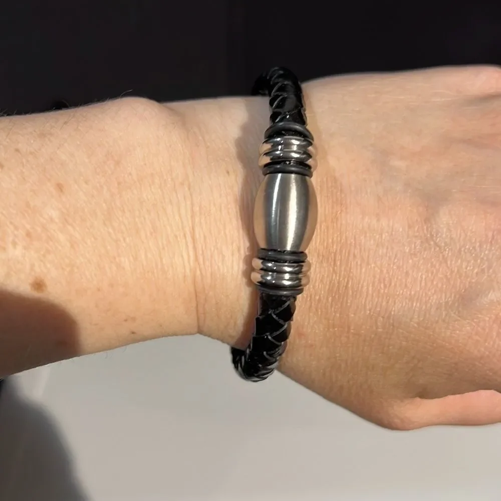 Leather Braided Bracelet with Silver Tone Hardware & Magnetic Closure